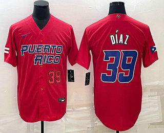 Mens Puerto Rico Baseball #39 Edwin Diaz Number 2023 Red World Baseball Classic Stitched Jersey